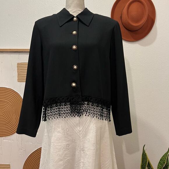 FTLTD Black Vintage 90s Fringe Trim Gold Button Front Cropped Blazer Jacket USA - Picture 12 of 13